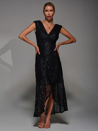 Sequin Asymmetric Ruffle Hem Maxi Dress, Black
