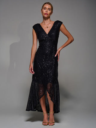 Sequin Asymmetric Ruffle Hem Maxi Dress, Black