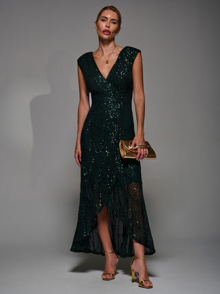 Sequin Asymmetric Ruffle Hem Maxi Dress, Dark Green