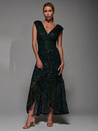 Sequin Asymmetric Ruffle Hem Maxi Dress, Dark Green