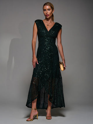 Sequin Asymmetric Ruffle Hem Maxi Dress, Dark Green
