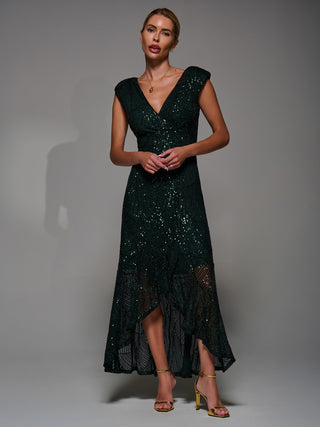 Sequin Asymmetric Ruffle Hem Maxi Dress, Dark Green
