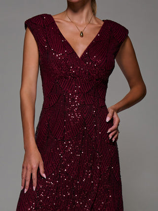 Sequin Asymmetric Ruffle Hem Maxi Dress, Dark Red