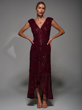 Sequin Asymmetric Ruffle Hem Maxi Dress, Dark Red