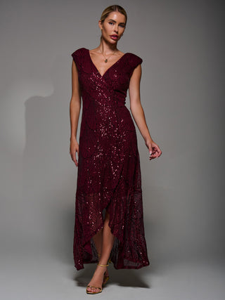Sequin Asymmetric Ruffle Hem Maxi Dress, Dark Red