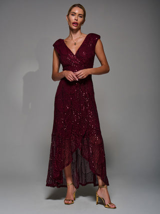 Sequin Asymmetric Ruffle Hem Maxi Dress, Dark Red