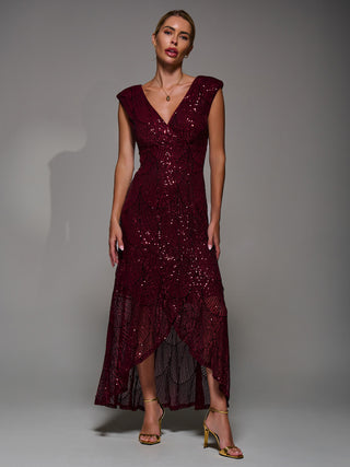 Sequin Asymmetric Ruffle Hem Maxi Dress, Dark Red