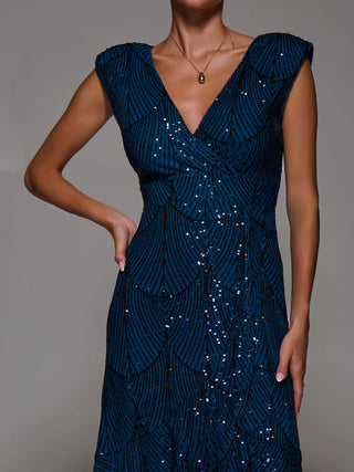 Sequin Asymmetric Ruffle Hem Maxi Dress, Teal