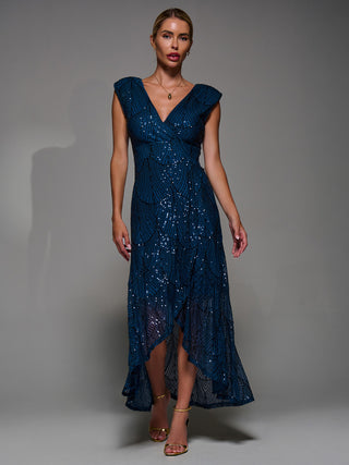 Sequin Asymmetric Ruffle Hem Maxi Dress, Teal