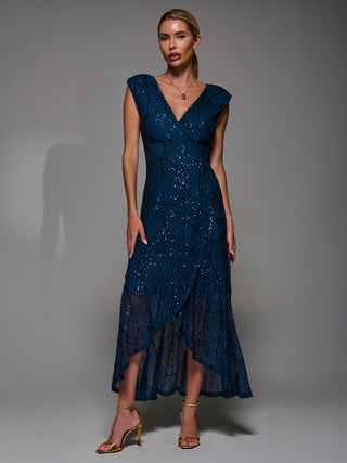 Sequin Asymmetric Ruffle Hem Maxi Dress, Teal