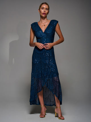 Sequin Asymmetric Ruffle Hem Maxi Dress, Teal