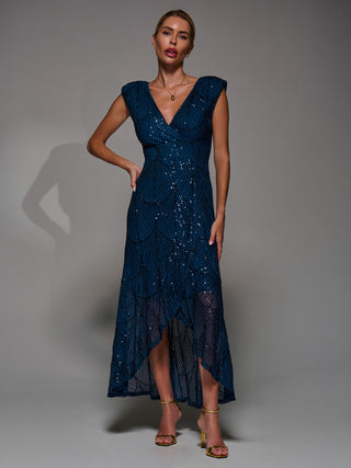 Sequin Asymmetric Ruffle Hem Maxi Dress, Teal