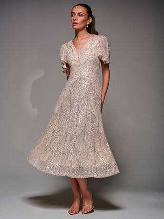 Sequin Angel Sleeve Fit & Flare Midaxi Dress, Beige Silver Jolie Moi Retail Sequin Angel Sleeve Fit & Flare Midaxi Dress, Beige Silver Jolie Moi Retail