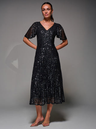 Sequin Angel Sleeve Fit & Flare Midaxi Dress, Black Metallic