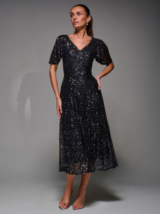 Sequin Angel Sleeve Fit & Flare Midaxi Dress, Black Metallic