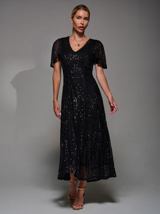 Sequin Angel Sleeve Fit & Flare Midaxi Dress, Black Jolie Moi Retail Sequin Angel Sleeve Fit & Flare Midaxi Dress, Black Jolie Moi Retail
