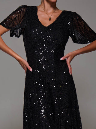 Sequin Angel Sleeve Fit & Flare Midaxi Dress, Black