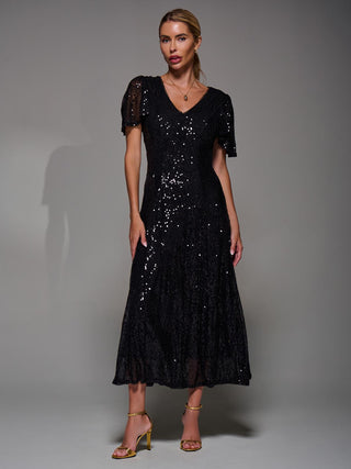 Sequin Angel Sleeve Fit & Flare Midaxi Dress, Black