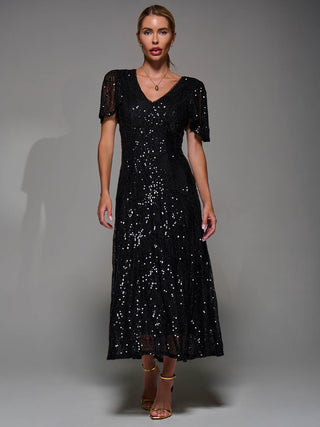 Sequin Angel Sleeve Fit & Flare Midaxi Dress, Black