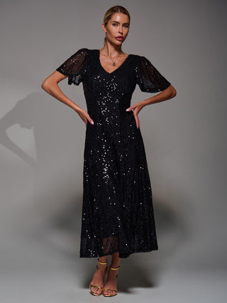 Sequin Angel Sleeve Fit & Flare Midaxi Dress, Black