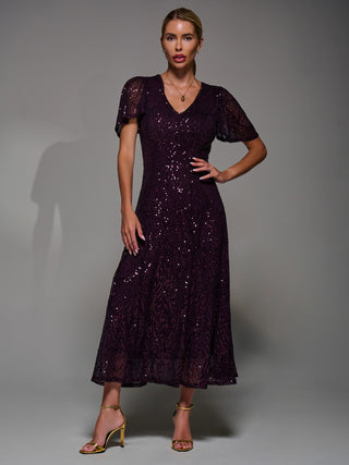 Sequin Angel Sleeve Fit & Flare Midaxi Dress, Dark Burgundy
