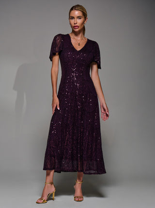 Sequin Angel Sleeve Fit & Flare Midaxi Dress, Dark Burgundy