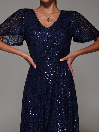 Sequin Angel Sleeve Fit & Flare Midaxi Dress, Navy