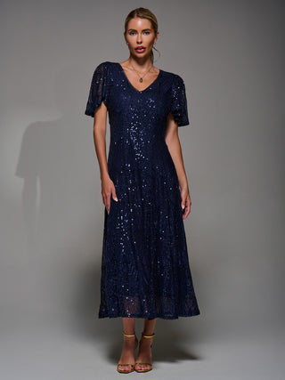 Sequin Angel Sleeve Fit & Flare Midaxi Dress, Navy