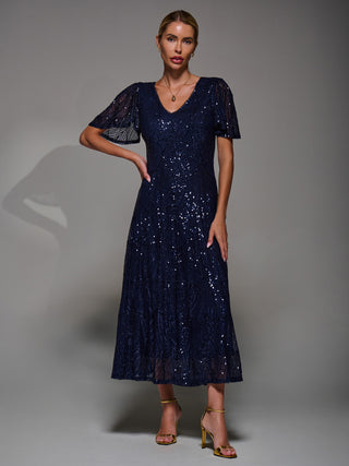 Sequin Angel Sleeve Fit & Flare Midaxi Dress, Navy