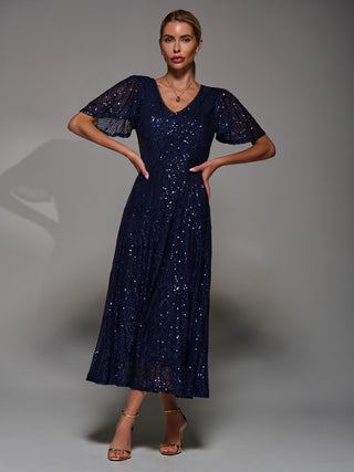Sequin Angel Sleeve Fit & Flare Midaxi Dress, Navy
