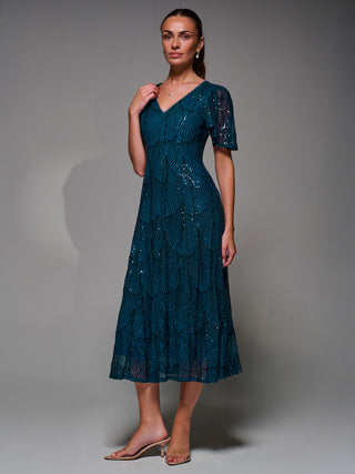 Sequin Angel Sleeve Fit & Flare Midaxi Dress, Teal