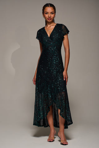 Frill Short Sleeve Sequin Maxi Dress, Black Green