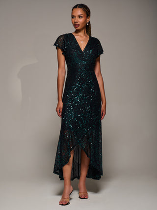 Frill Short Sleeve Sequin Maxi Dress, Black Green
