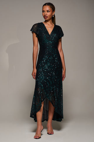 Frill Short Sleeve Sequin Maxi Dress, Black Green