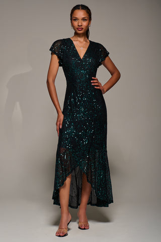 Frill Short Sleeve Sequin Maxi Dress, Black Green