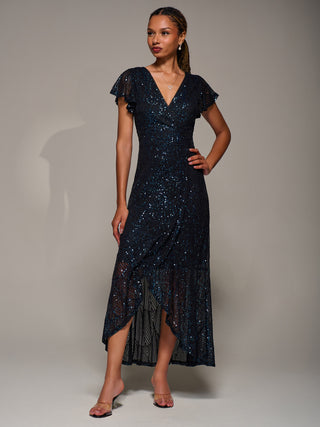 Frill Short Sleeve Sequin Maxi Dress, Black Navy