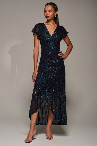 Frill Short Sleeve Sequin Maxi Dress, Black Navy
