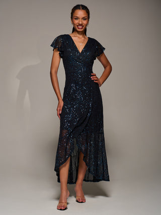 Frill Short Sleeve Sequin Maxi Dress, Black Navy