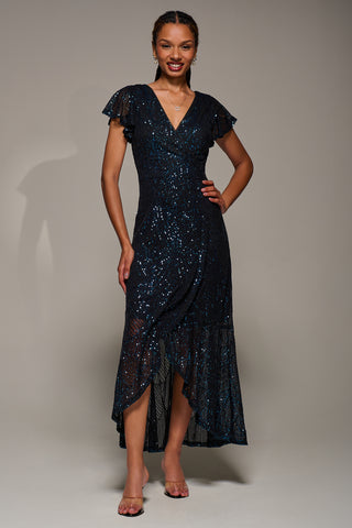 Frill Short Sleeve Sequin Maxi Dress, Black Navy