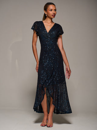 Frill Short Sleeve Sequin Maxi Dress, Black Navy