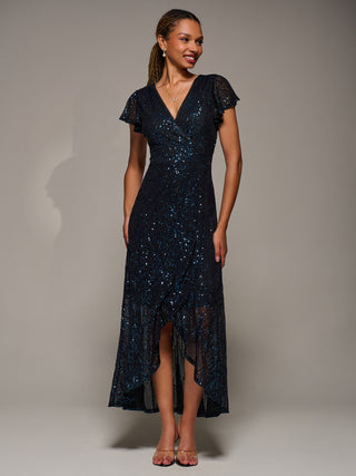 Frill Short Sleeve Sequin Maxi Dress, Black Navy
