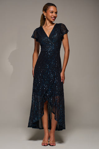 Frill Short Sleeve Sequin Maxi Dress, Black Navy