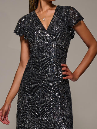 Frill Short Sleeve Sequin Maxi Dress, Black Silver
