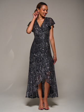 Frill Short Sleeve Sequin Maxi Dress, Black Silver