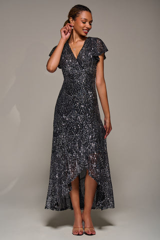 Frill Short Sleeve Sequin Maxi Dress, Black Silver