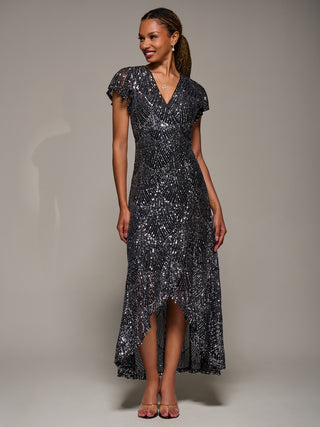 Frill Short Sleeve Sequin Maxi Dress, Black Silver