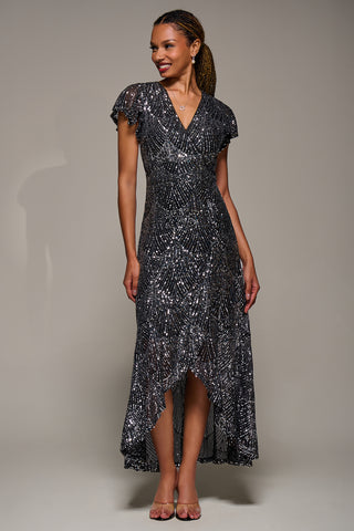 Frill Short Sleeve Sequin Maxi Dress, Black Silver