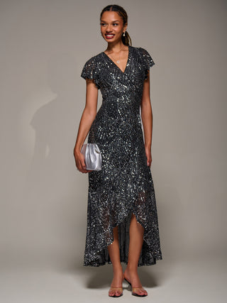 Frill Short Sleeve Sequin Maxi Dress, Black Silver