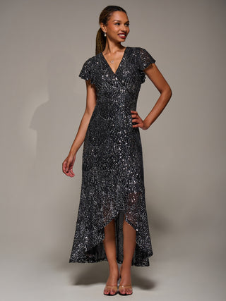 Frill Short Sleeve Sequin Maxi Dress, Black Silver