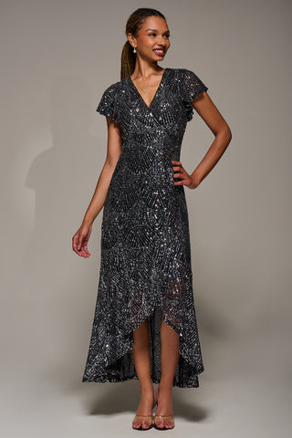 Frill Short Sleeve Sequin Maxi Dress, Black Silver
